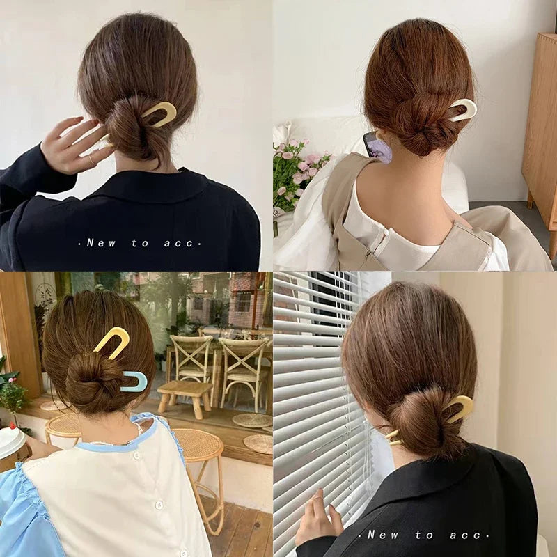 Solid Color Hair Sticks For Women Girls Shell Clips Pins Minimalist U Shape